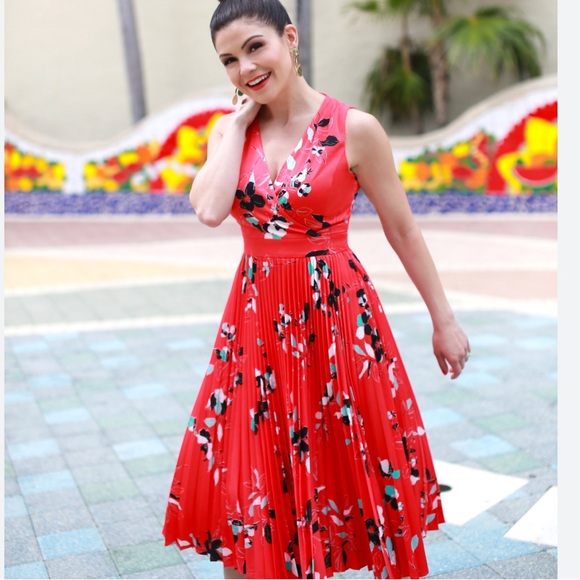 NWT Maggy London Gabby Floral Pleated Midi Dress Sleeveless Red/Teal Size 4 - Picture 3 of 16